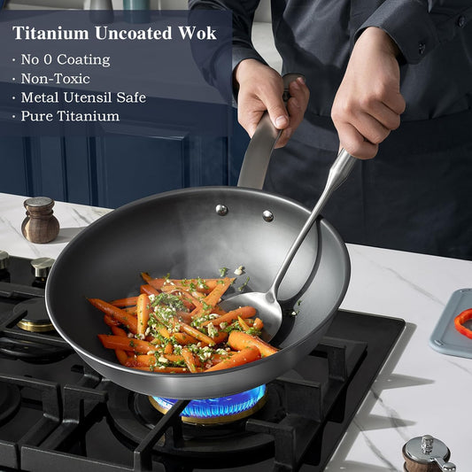 Titanium Cookware Set – 13" Wok + 11" Uncoated Frying Pan with Lid, Non-Stick Performance, Durable & Easy to Clean