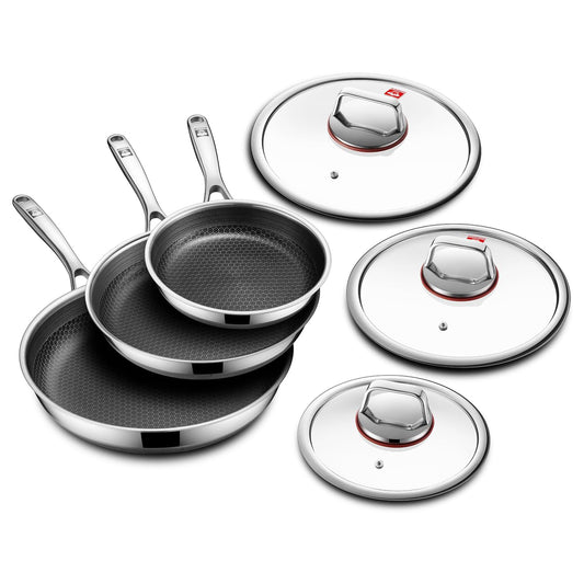 Kobachcookware Stainless Steel Honeycomb Nonstick Fry Pan Set with Lids, 6pc