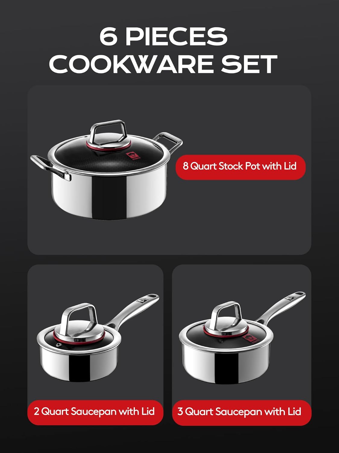 Kobachcookware 8 Quart Stainless Steel Stock Pot With Lid, 6pc