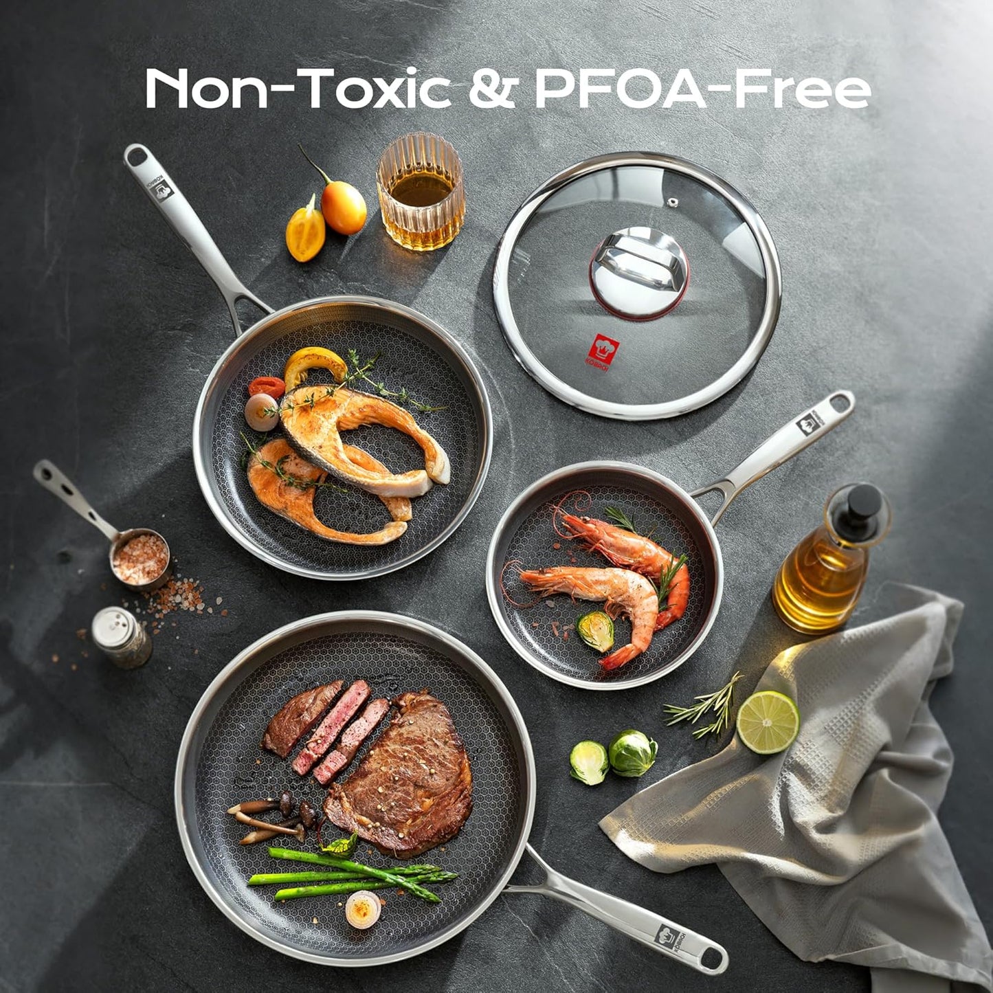 Kobachcookware Stainless Steel Honeycomb Nonstick Fry Pan Set with Lids, 6pc