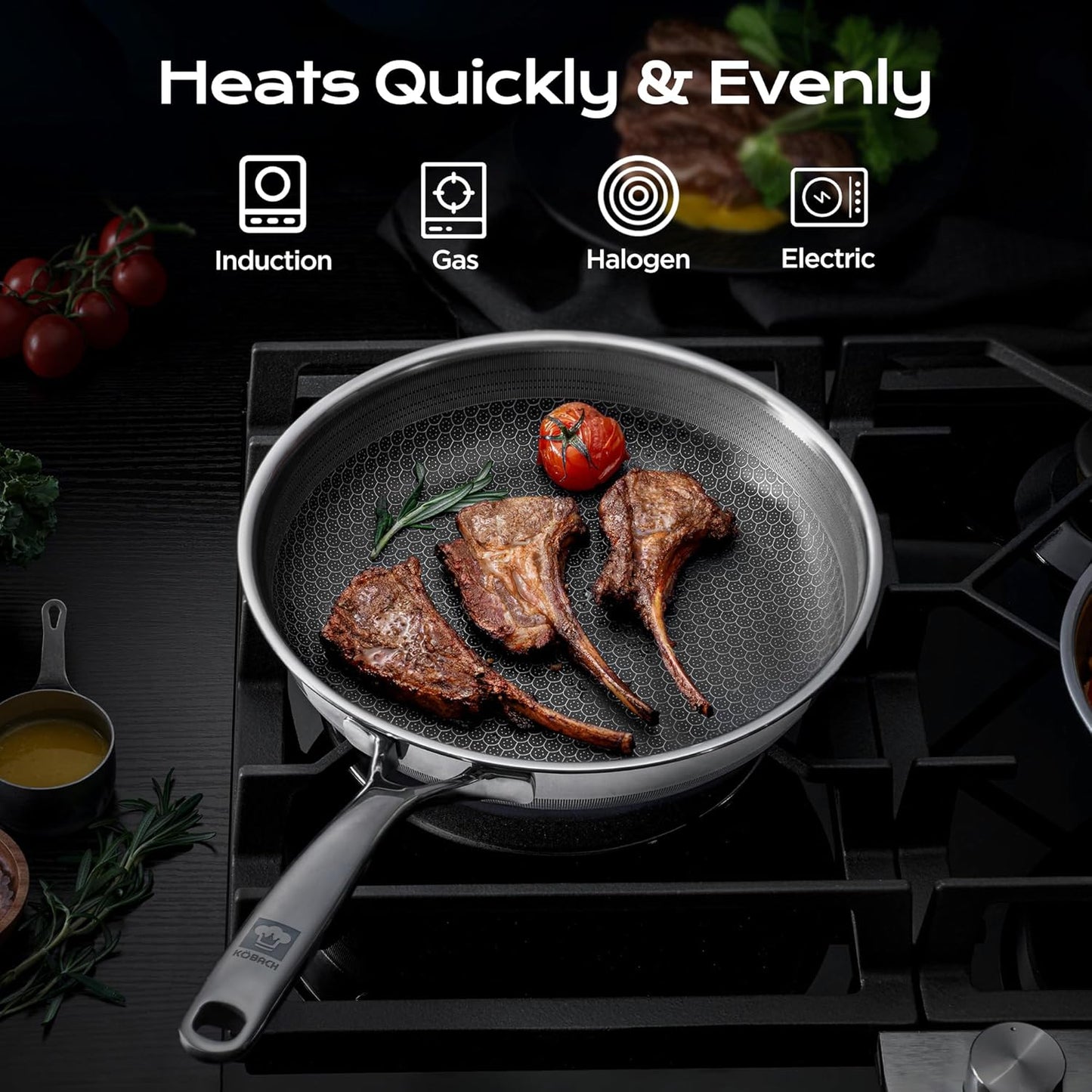 Kobachcookware Stainless Steel Honeycomb Nonstick Fry Pan Set with Lids, 6pc