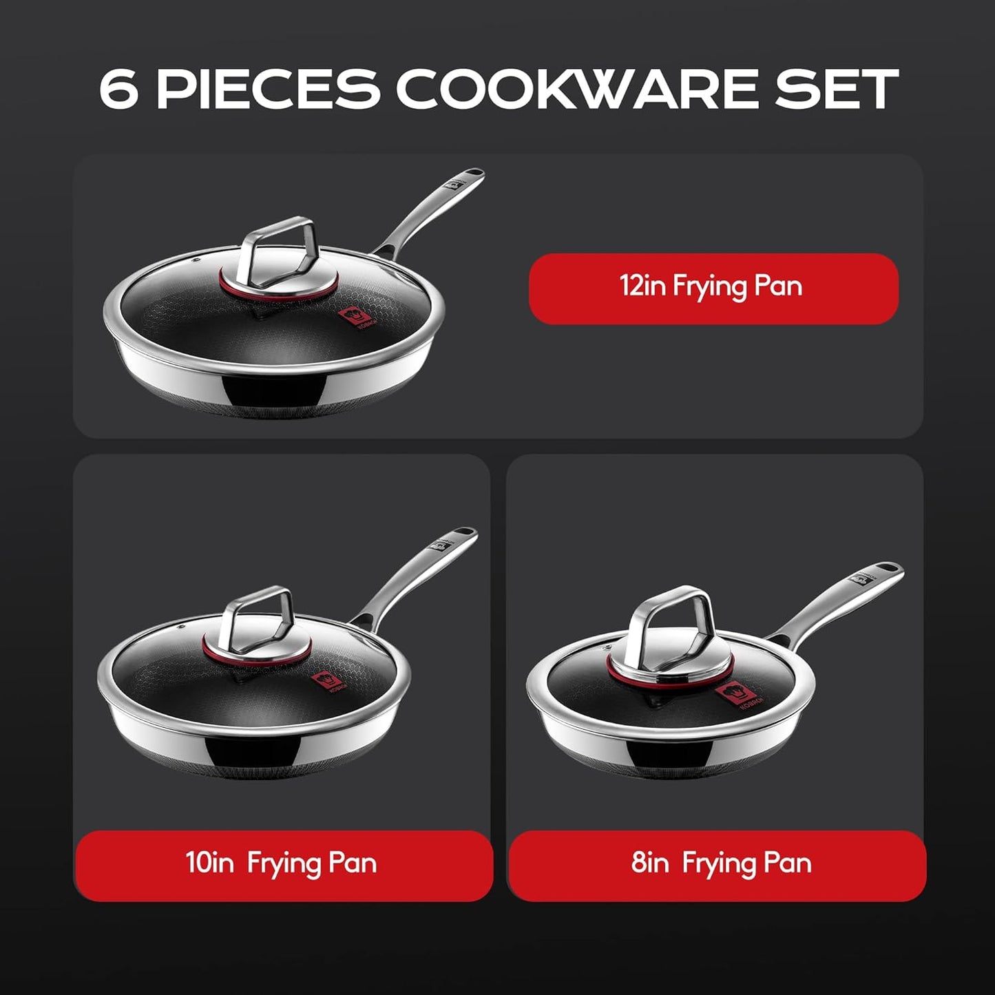 Kobachcookware Stainless Steel Honeycomb Nonstick Fry Pan Set with Lids, 6pc