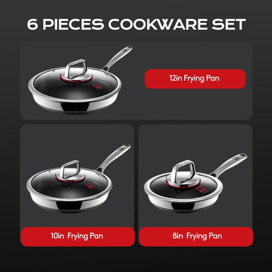 Kobachcookware Stainless Steel Honeycomb Nonstick Fry Pan Set with Lids, 6pc